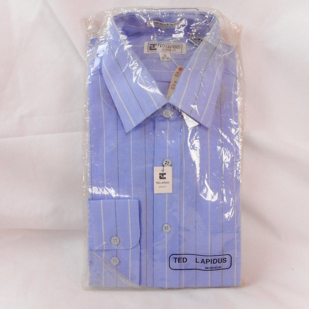 TED LAPIDUS Men's Monsieur Dress Shirt Blue w Stripes 55% Poly/35% Cott 15 32/33